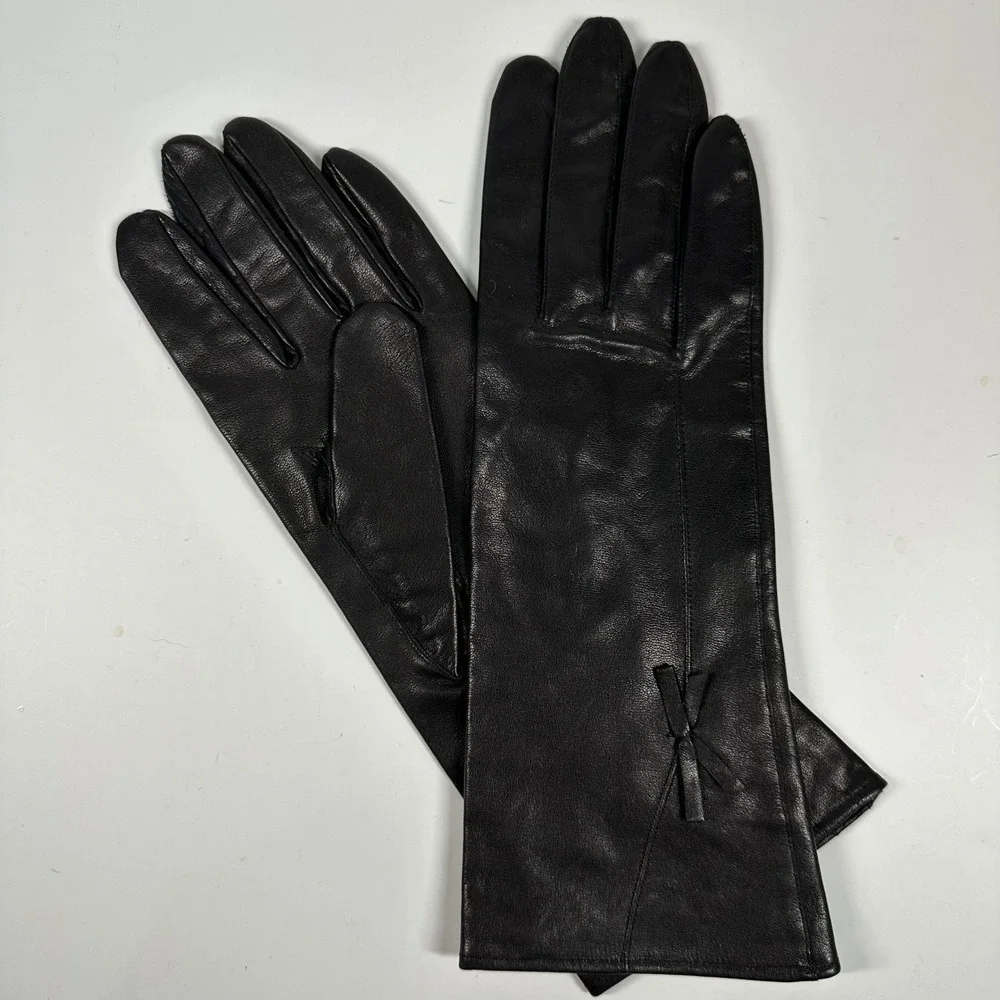 Vintage Black Leather Gloves Bow Detail Lined Japan Formal Evening Womens Size A